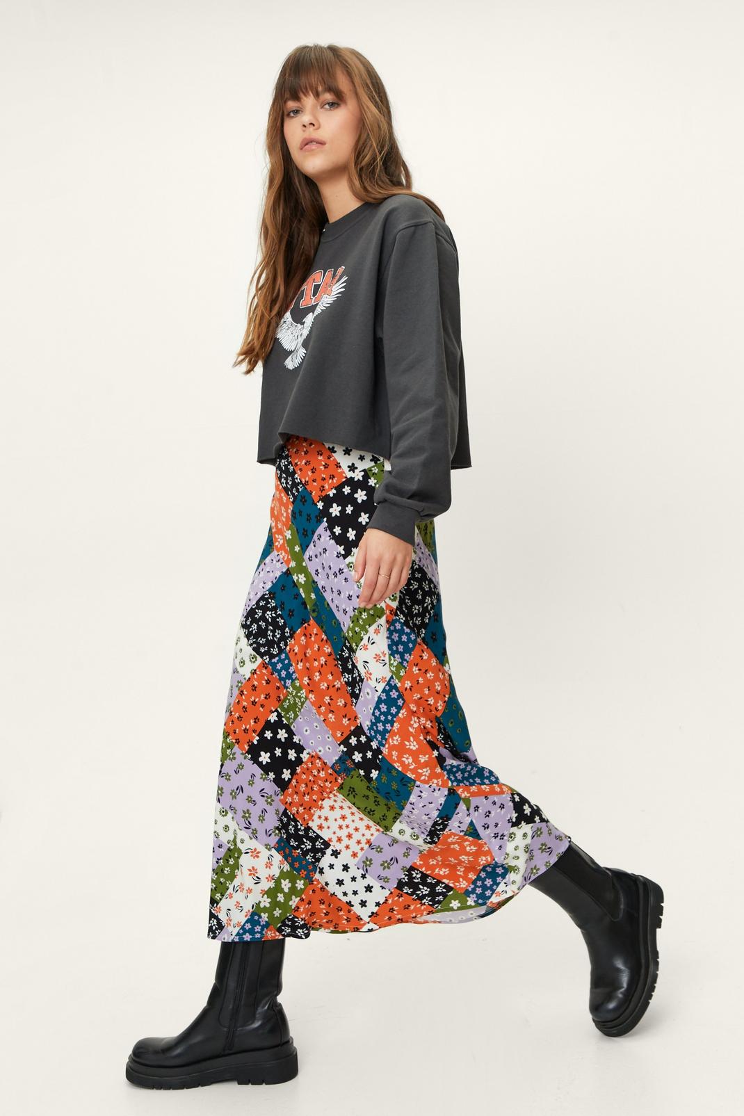 Multi Floral Patch Print Bias Cut Midi Skirt image number 1