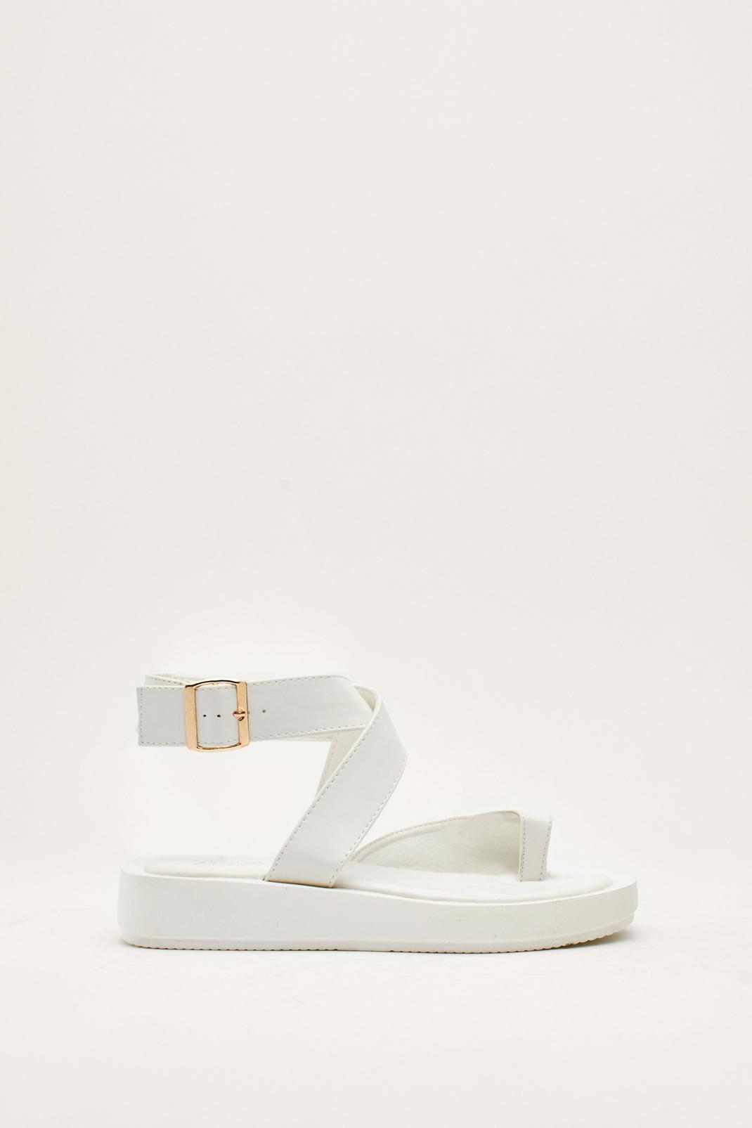 White Faux Leather Ankle Strap Flatform Sandals image number 1