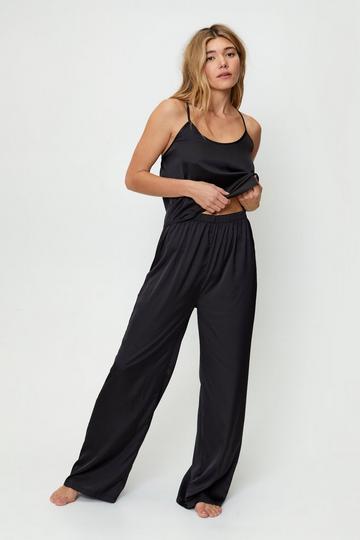 Black Satin Lace Trim Cami Trouser Pajama Set