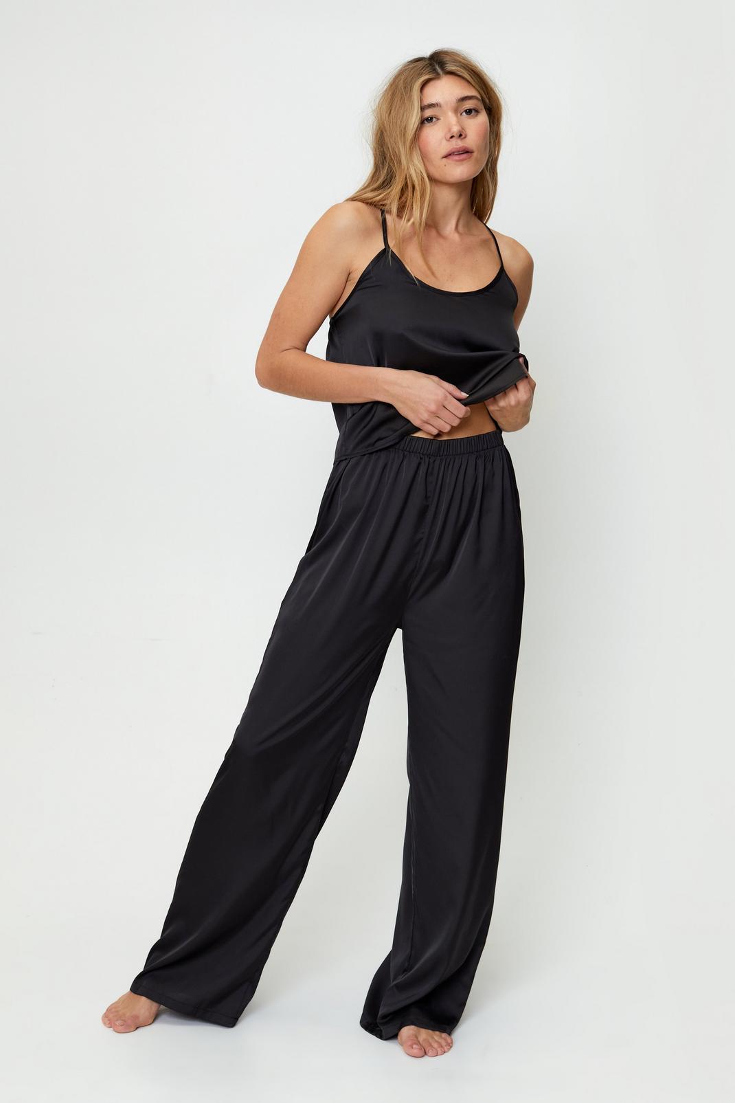 Black Satin Lace Trim Cami Pants Pajama Set image number 1