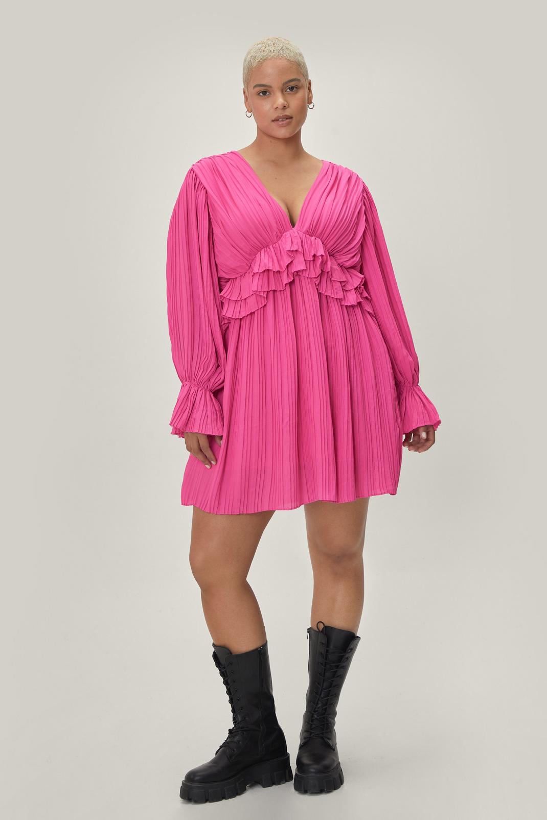 Plus Size Pleated Frill Detail Mini Dress image number 1