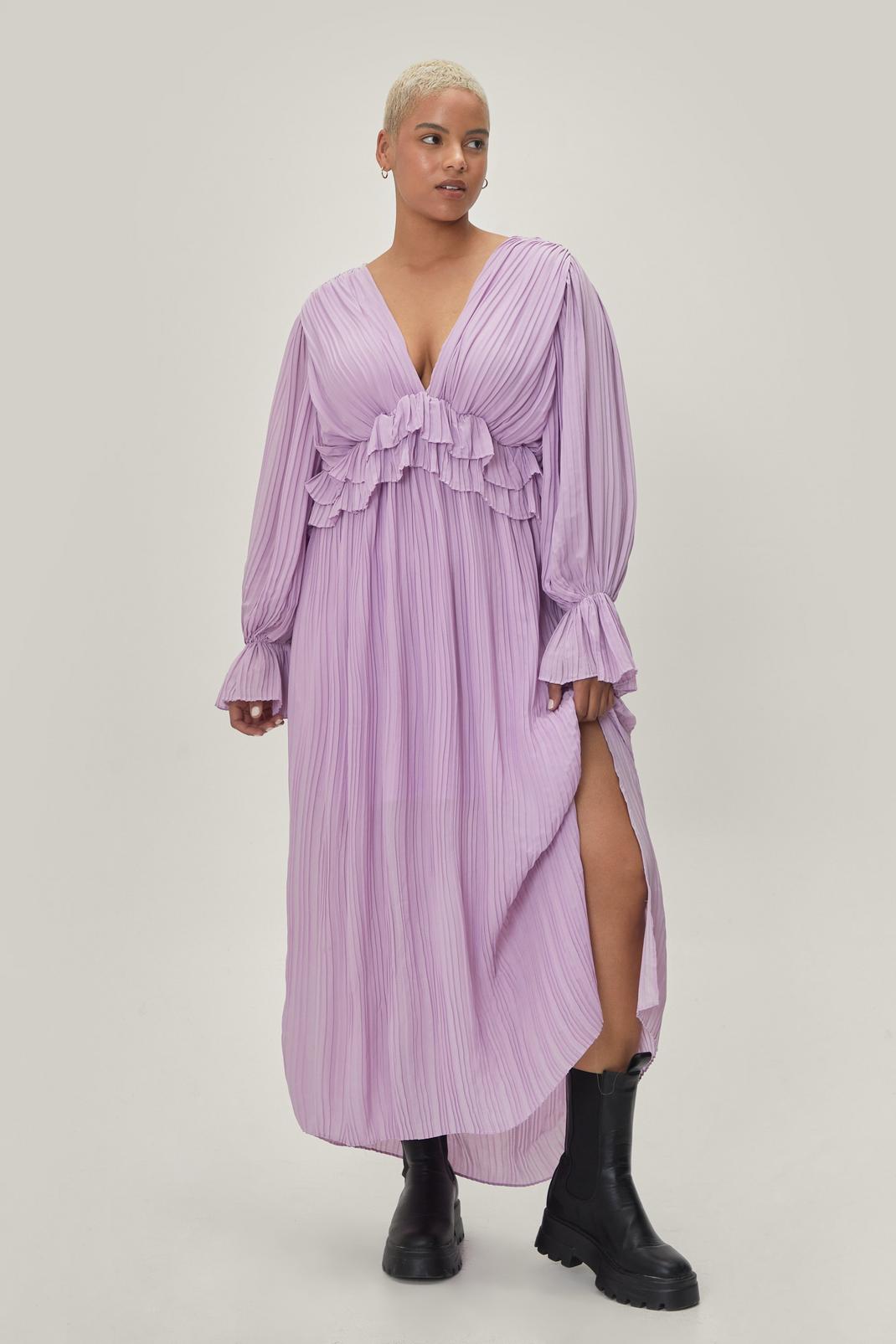 Lilac Plus Size V Neck Frill Detail Pleated Maxi Dress image number 1