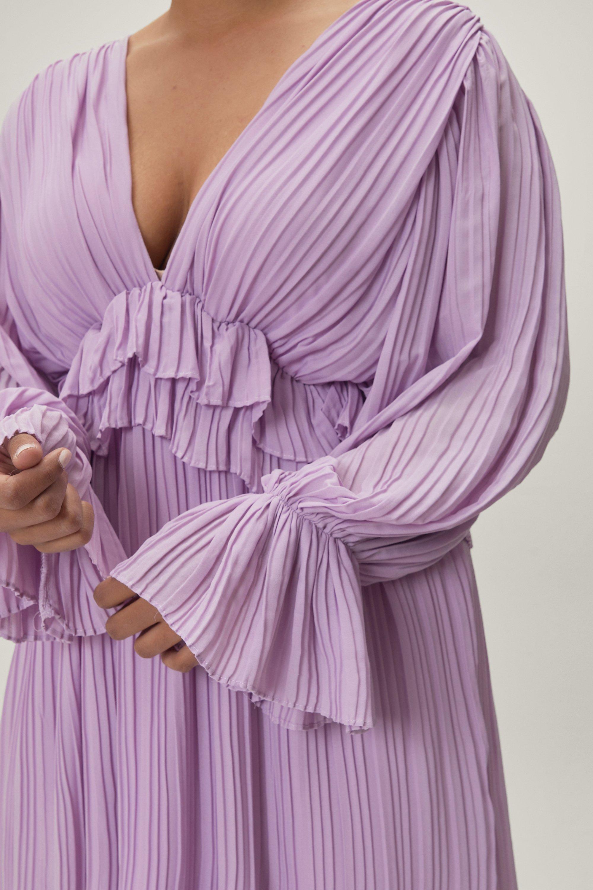 Plus Size V Neck Frill Detail Pleated Maxi Dress