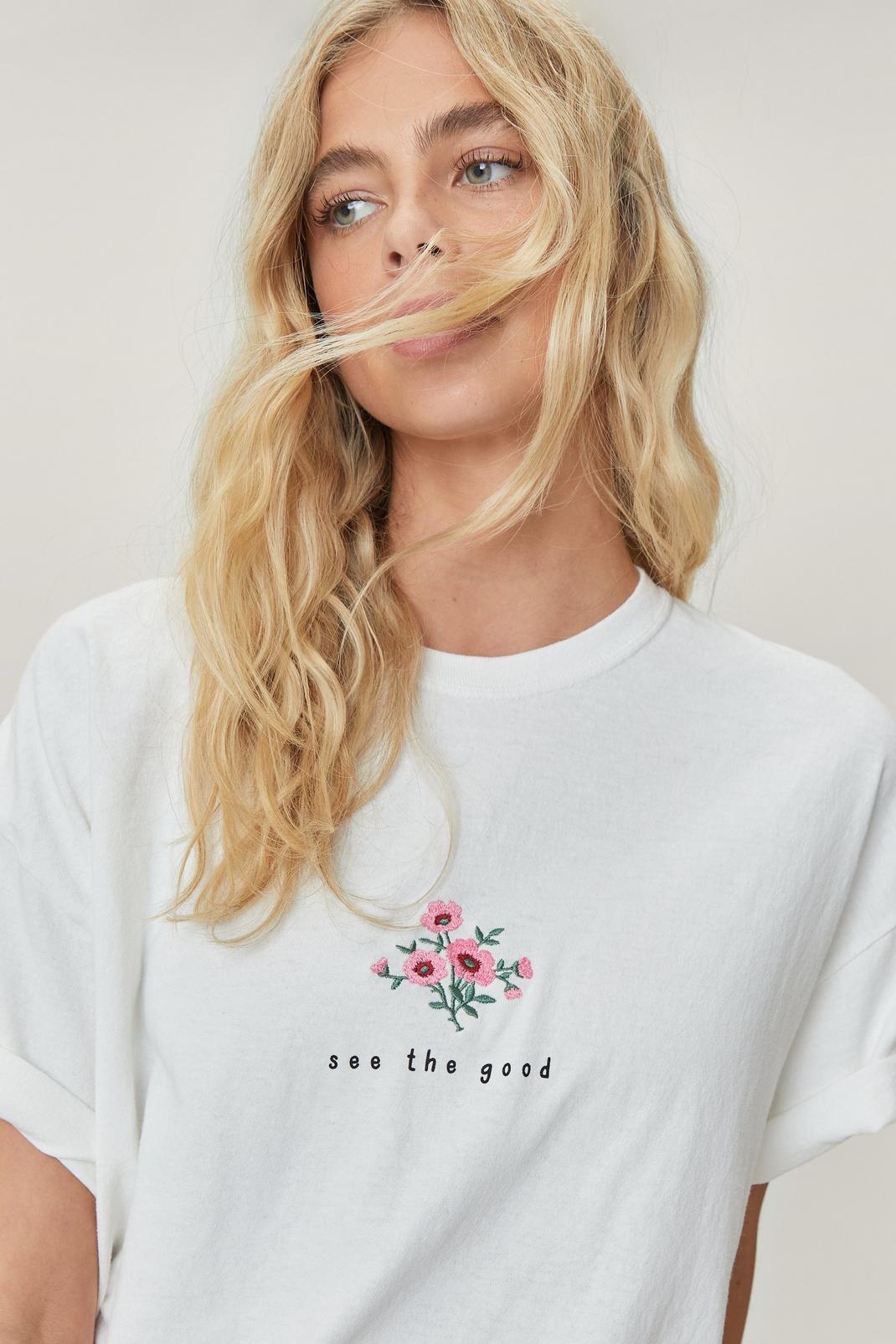 White Embroidery Flower Feel Good T-shirt image number 1