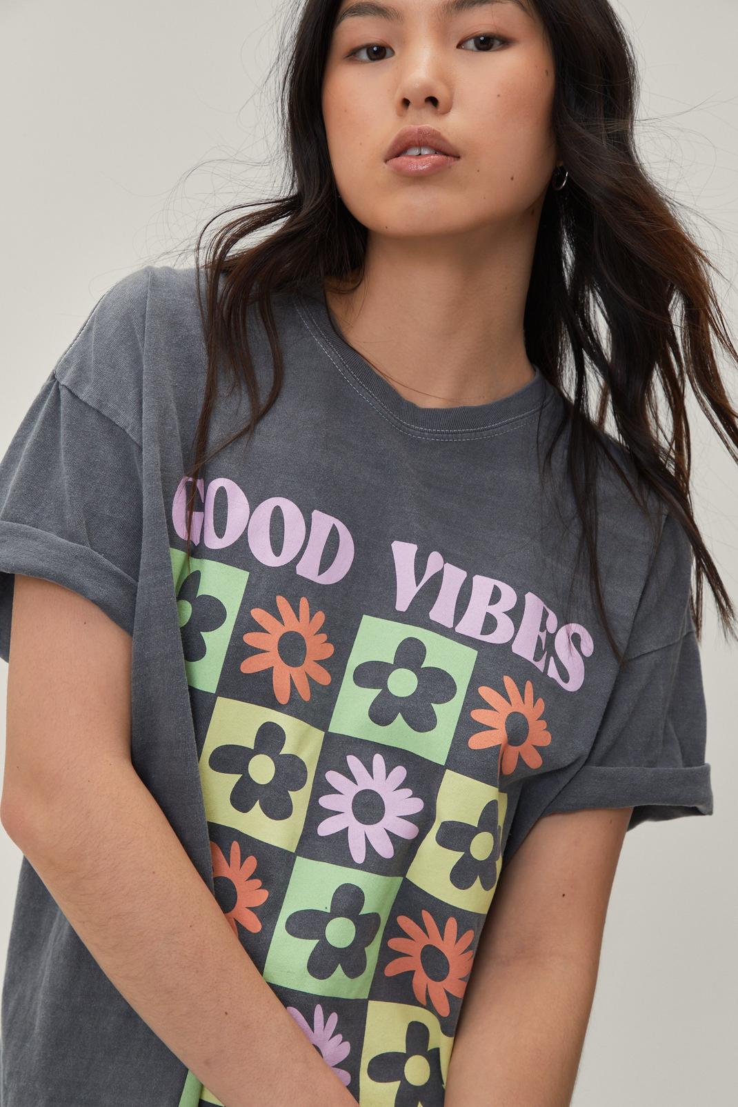 T-shirt délavé à motifs Good Vibes, Charcoal image number 1