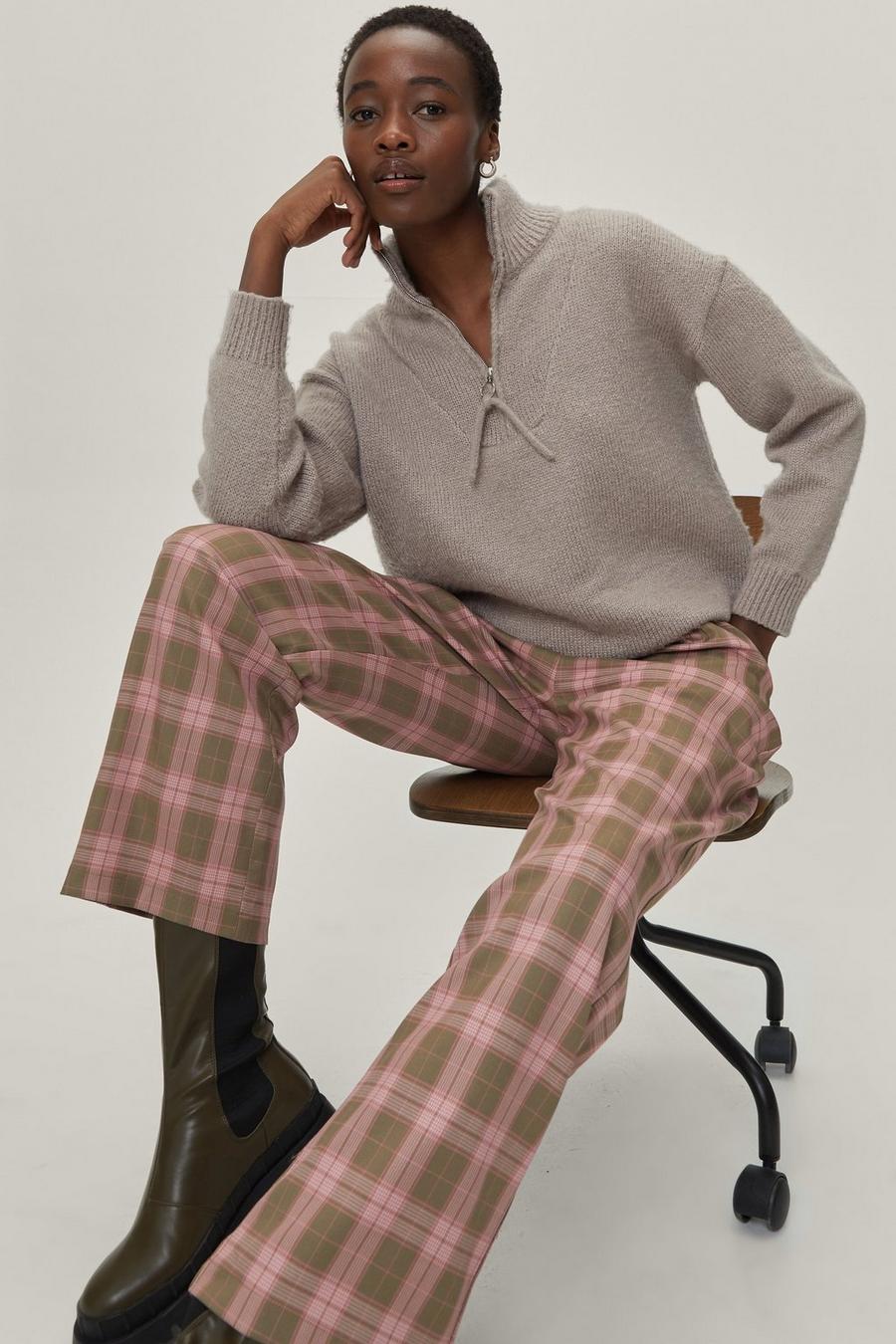 High Waisted Wide Leg Check Print Trousers