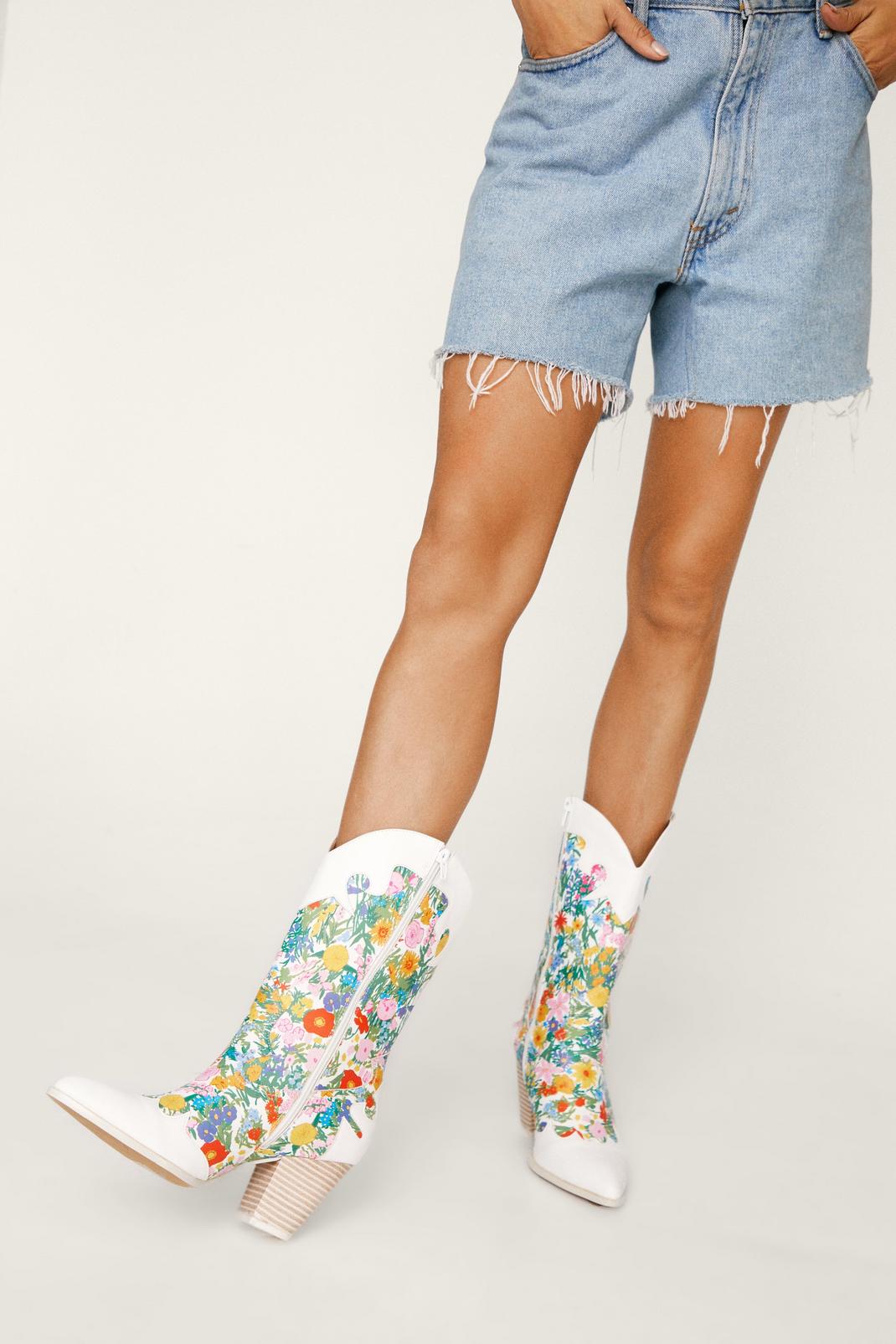 White Contrast Floral Print Western Boots image number 1