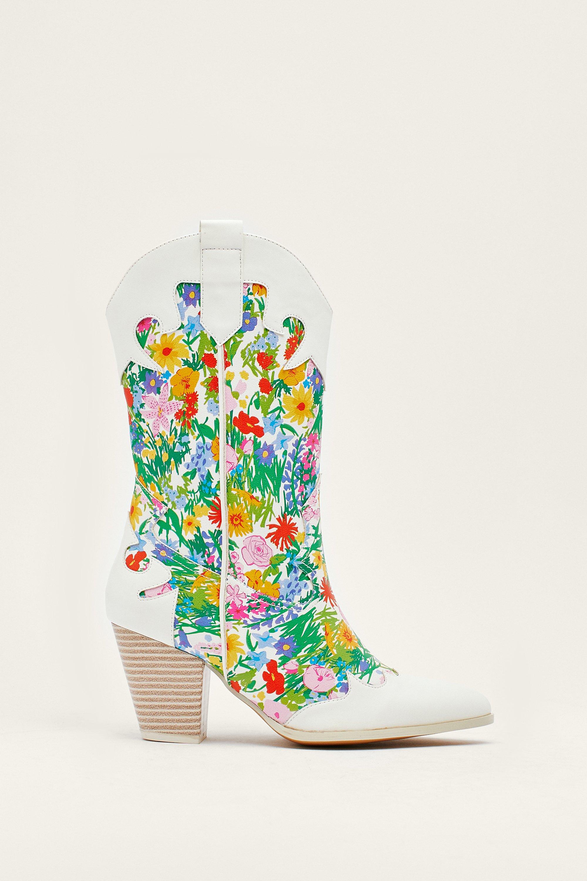 Contrast Floral Print Western Boots