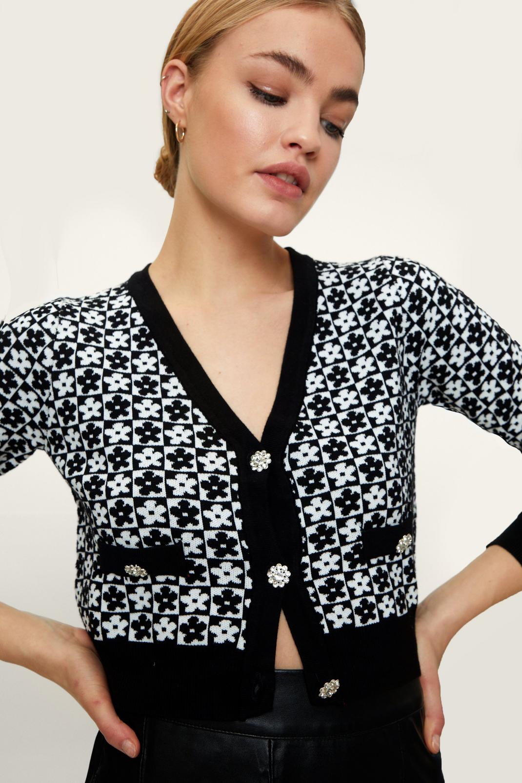 Black Floral Checkerboard Diamante Button Cardigan image number 1