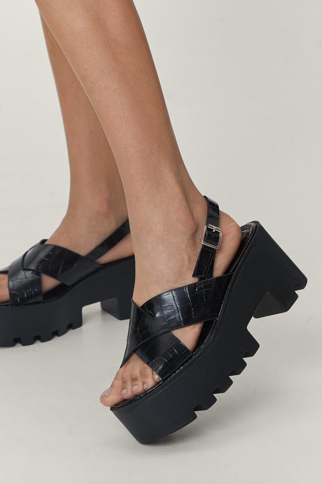 Black Chunky Cleated Strappy Croc Embossed Sandals image number 1