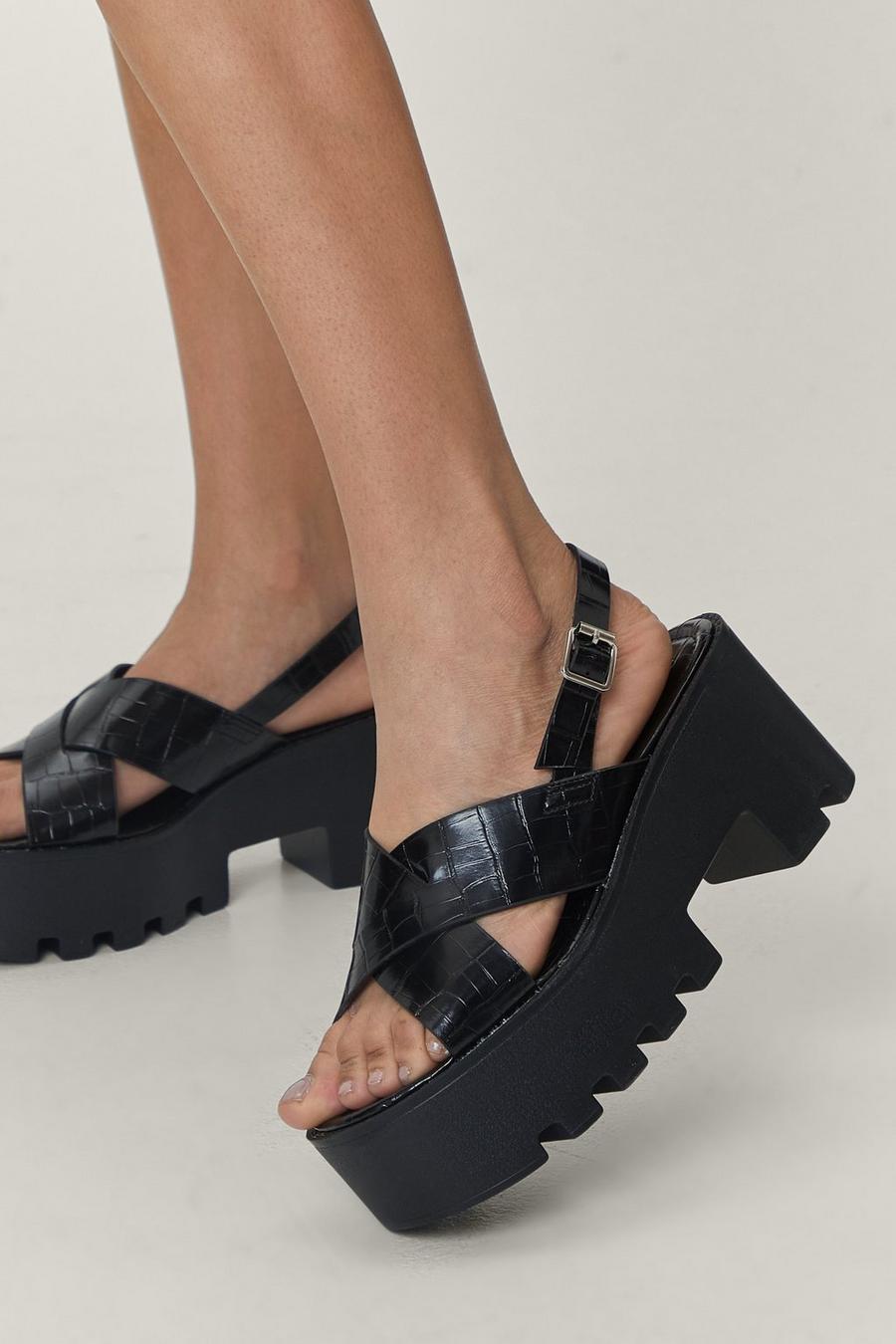Chunky Cleated Strappy Croc Embossed Sandals
