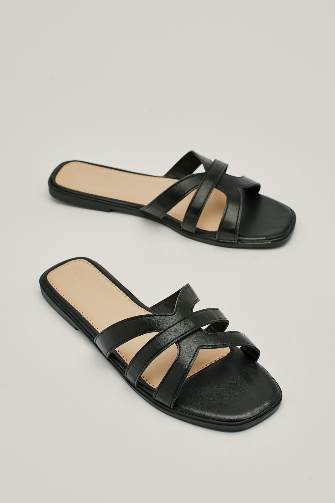 Black Asymmetric Strap Faux Leather Square Toe Sandals image number 1