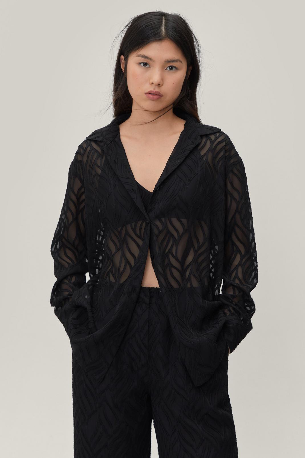 Black Textured Oversized Mesh Button Down Shirt image number 1