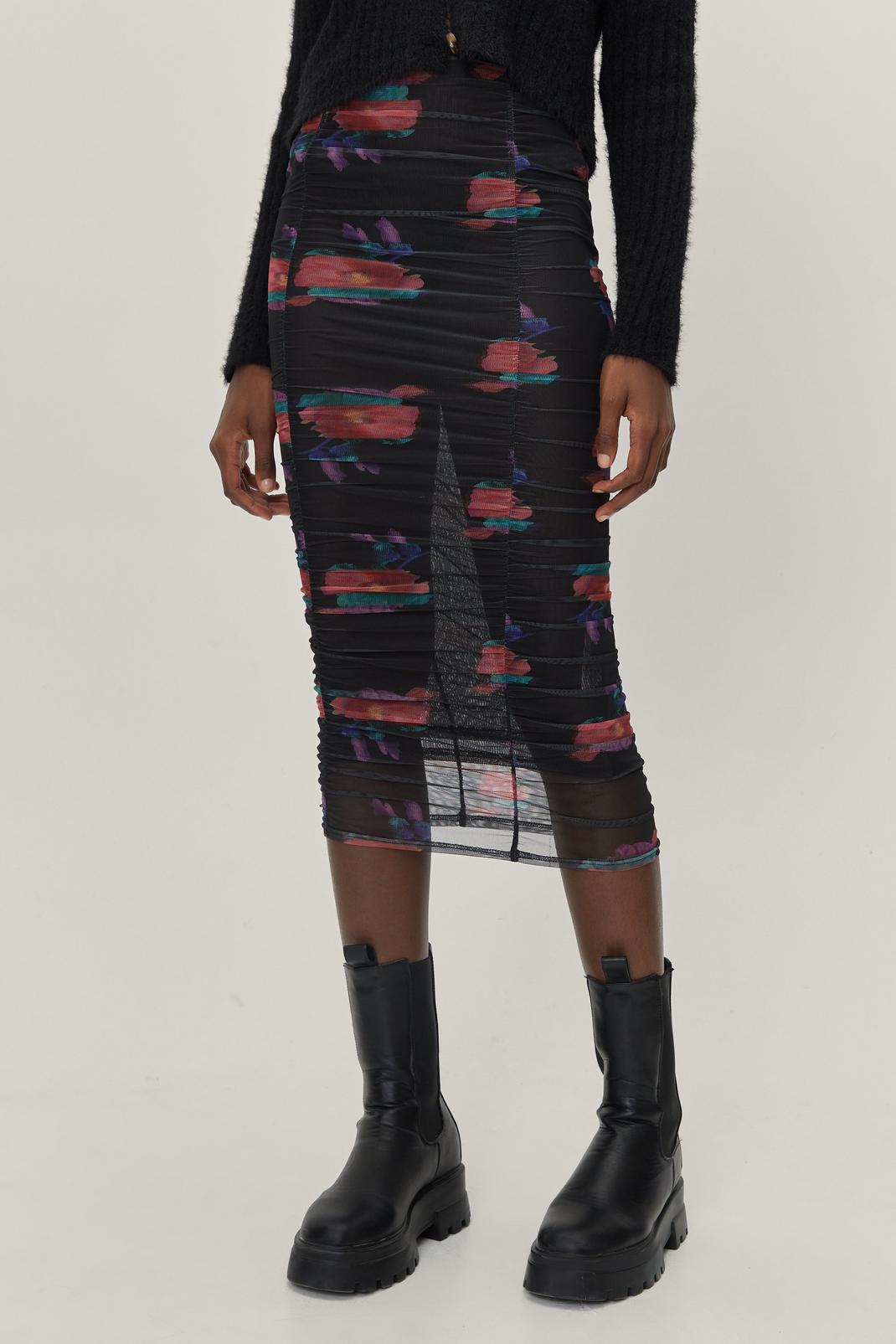 Black Ruched Front Floral Mesh Midi Skirt image number 1