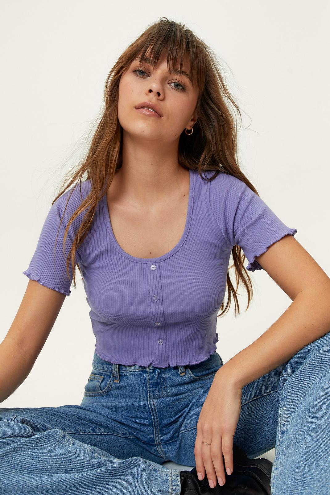 Lilac Rib Lettuce Edge Button Crop Top image number 1