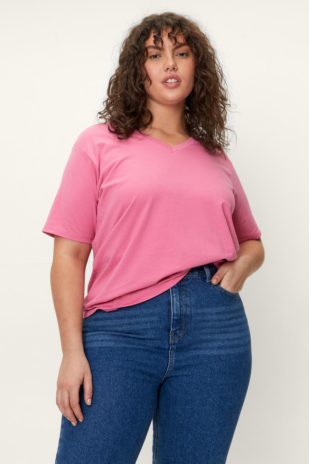 Grande Taille T-shirt à col V en coton, Baby pink image number 1