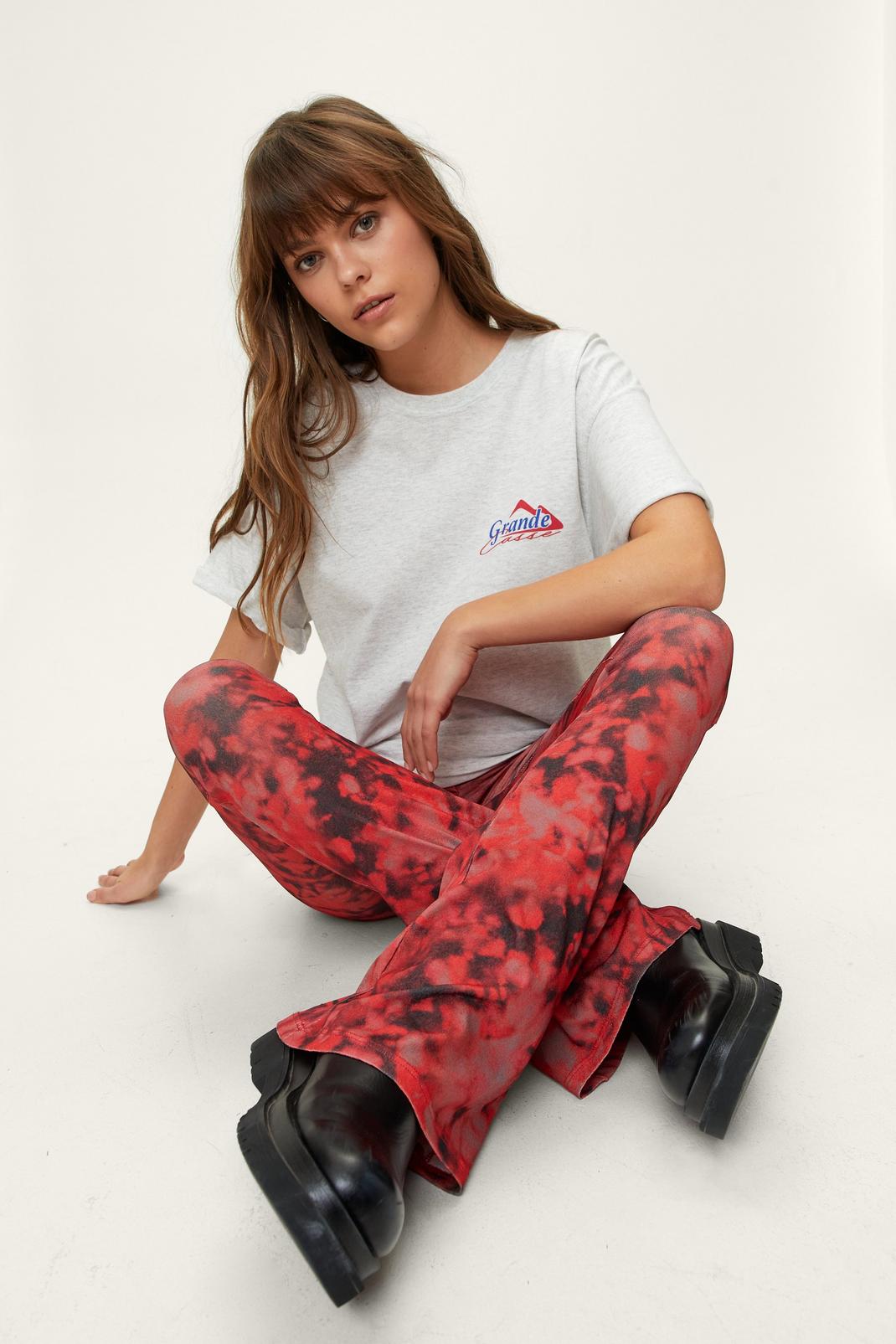 Red High Waisted Tie Dye Mesh Flared Pants image number 1