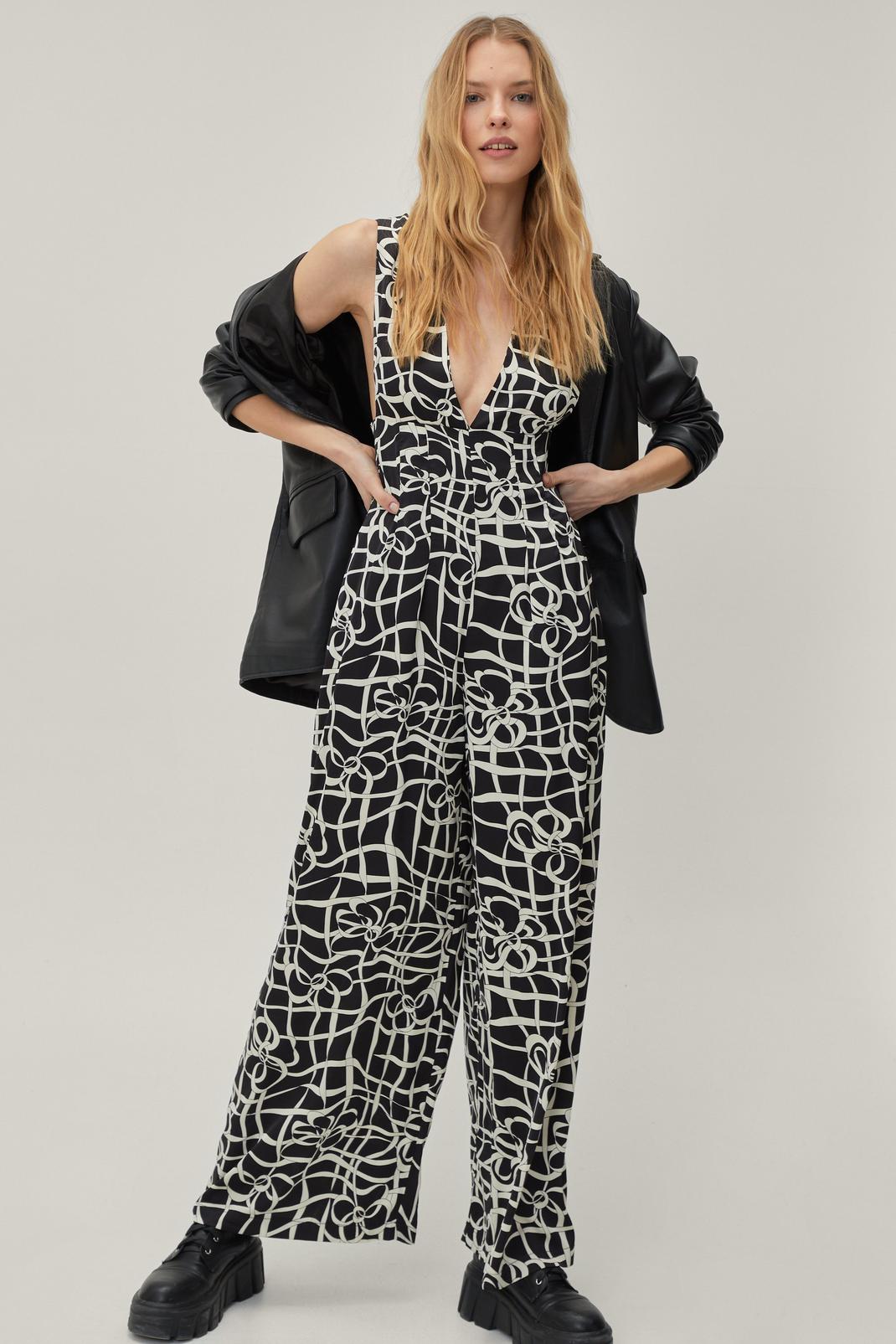 Mono Abstract Print Plunge Jumpsuit image number 1