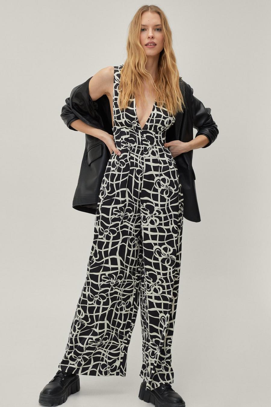 Abstract Print Plunge Jumpsuit