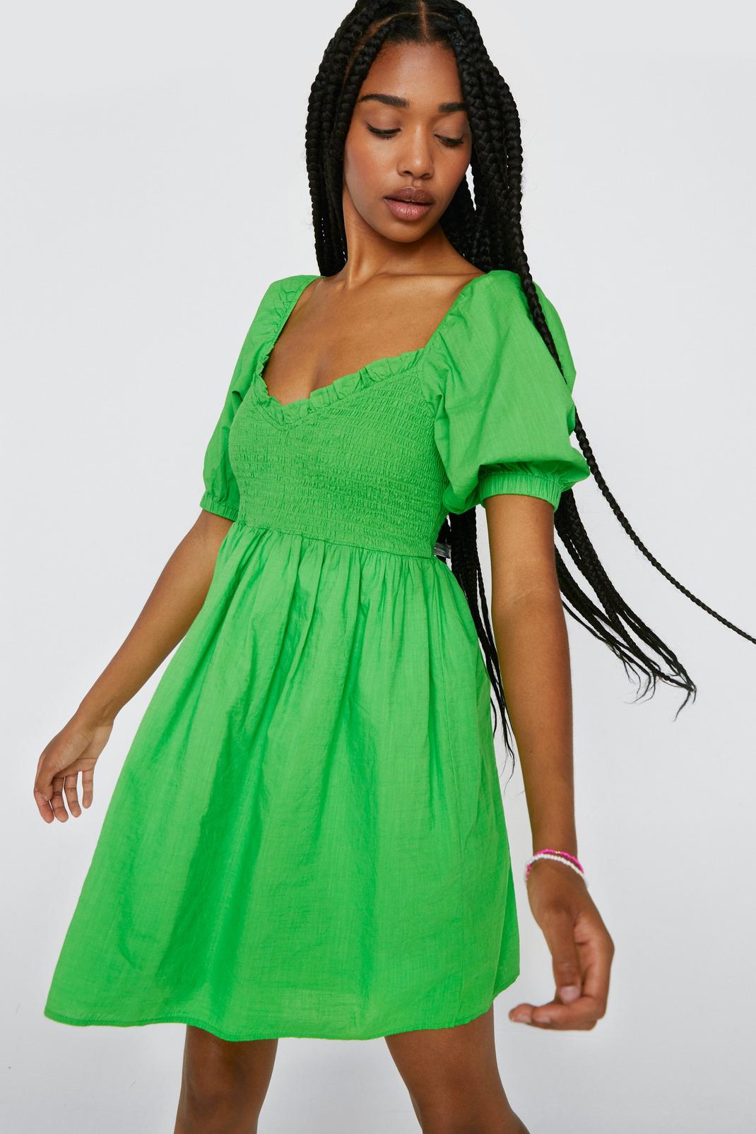 Green Shirred Milkmaid Mini Dress image number 1