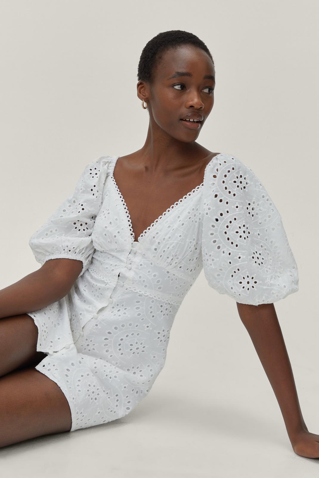 White Broderie Button Through Mini Dress image number 1