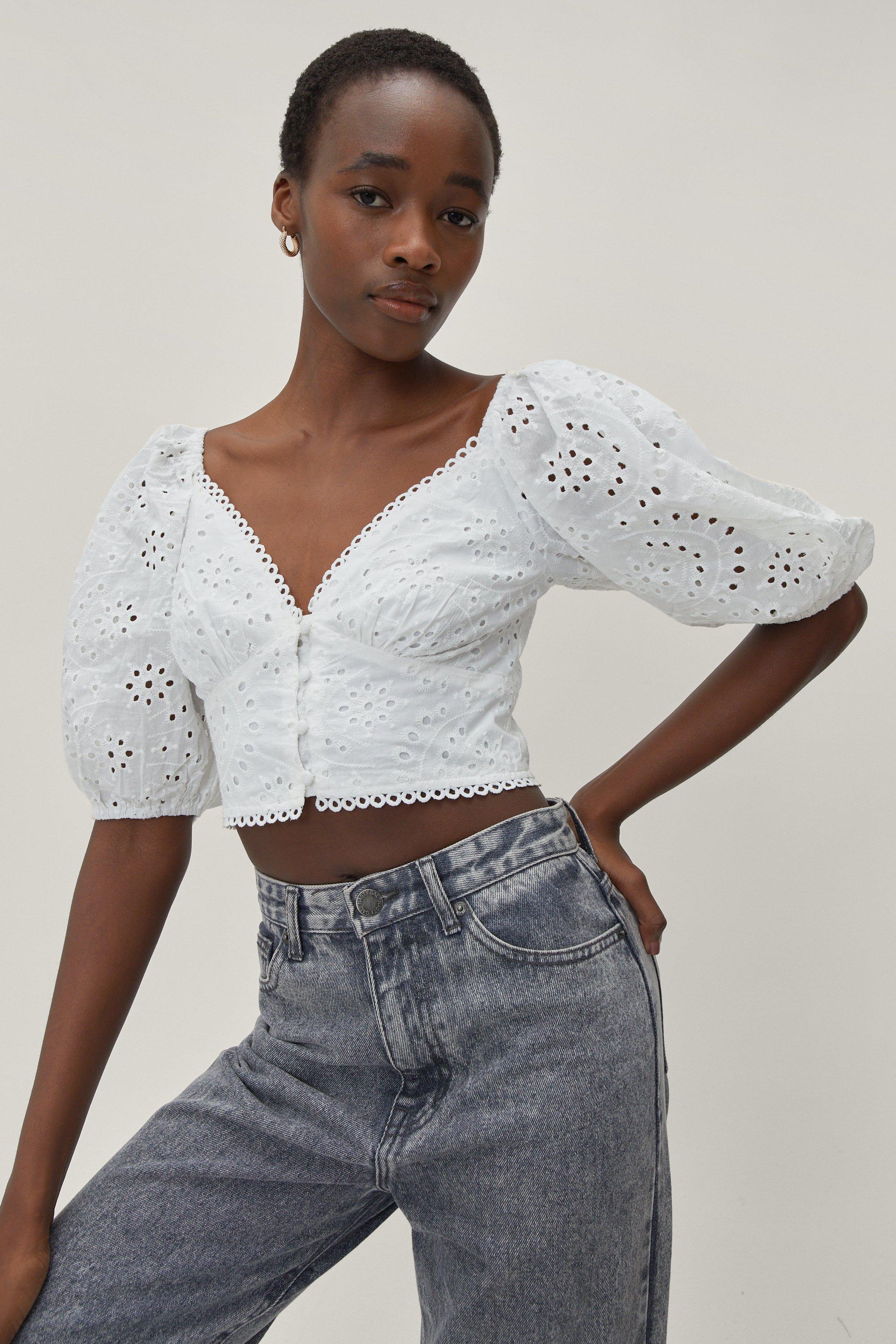 Broderie Button Through Puff Sleeve Crop Top