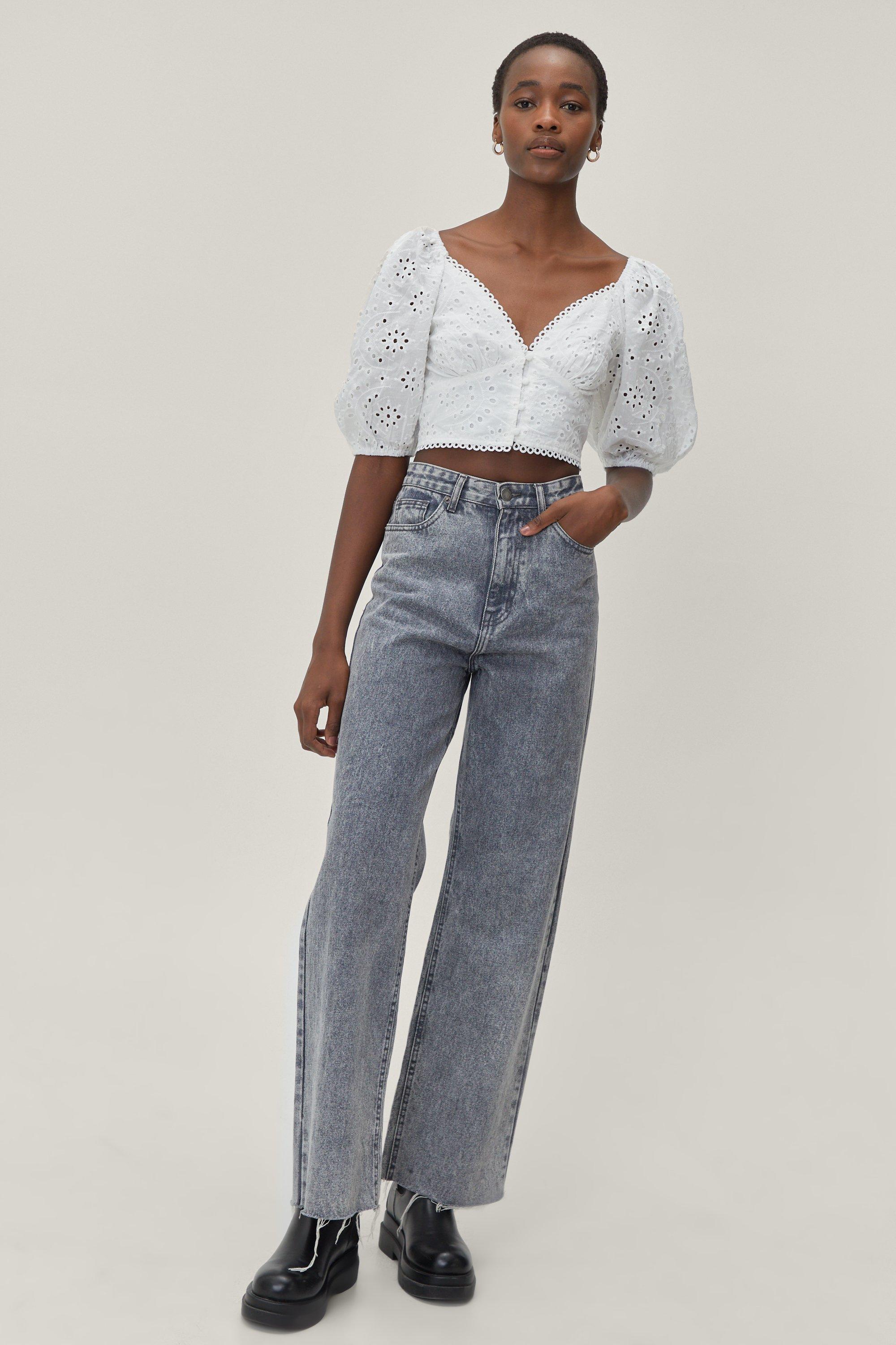 Broderie Button Through Puff Sleeve Crop Top