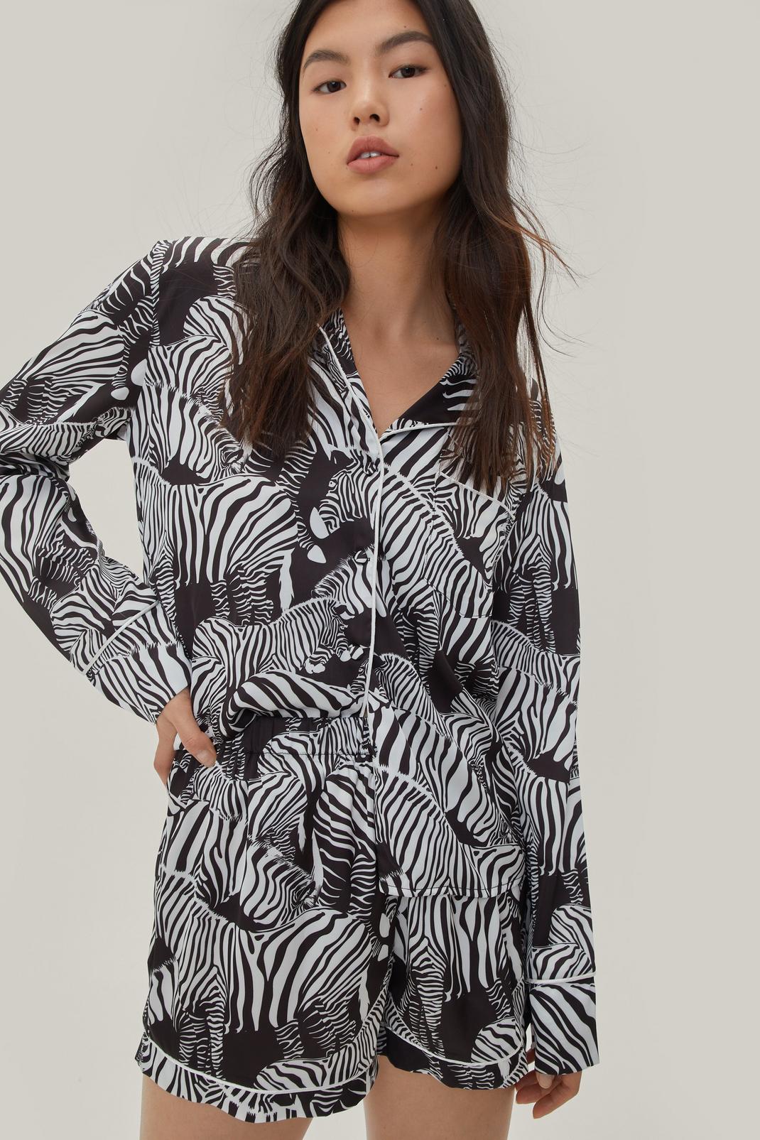 Mono Satin Zebra Design Pyjama Shirt and Shorts Set image number 1