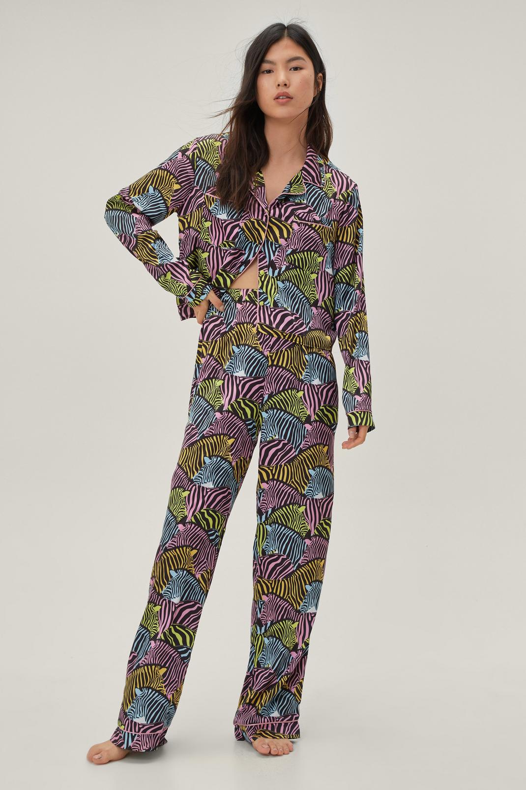 144 Satin Zebra Print Shirt and Pajama Pants Set image number 2