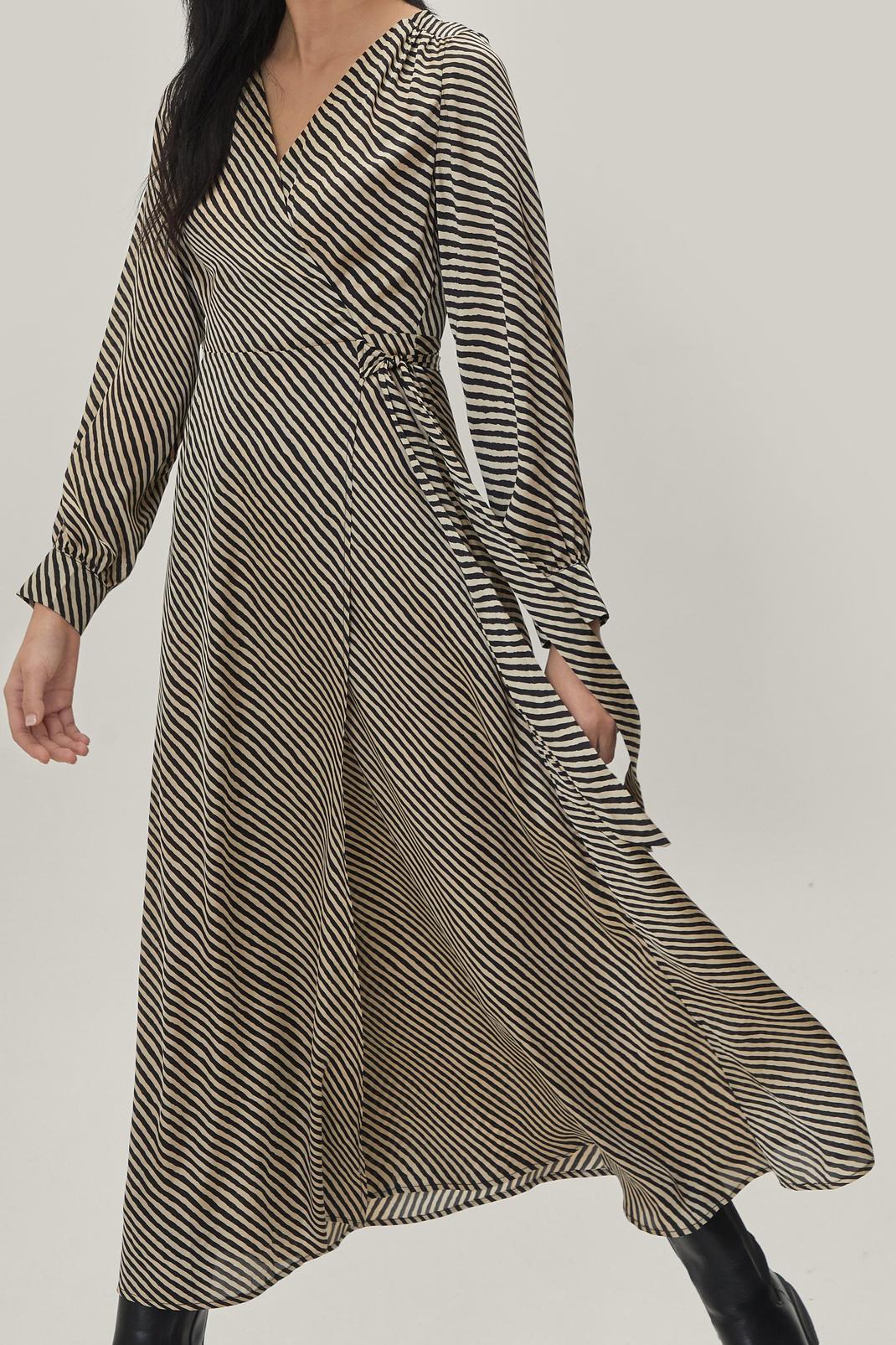 Black Satin Mono Stripe Wrap Midaxi Dress image number 1