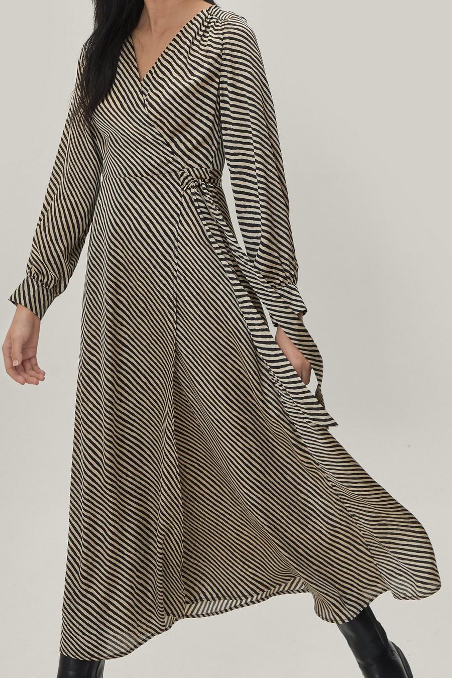 Satin Mono Stripe Wrap Midaxi Dress