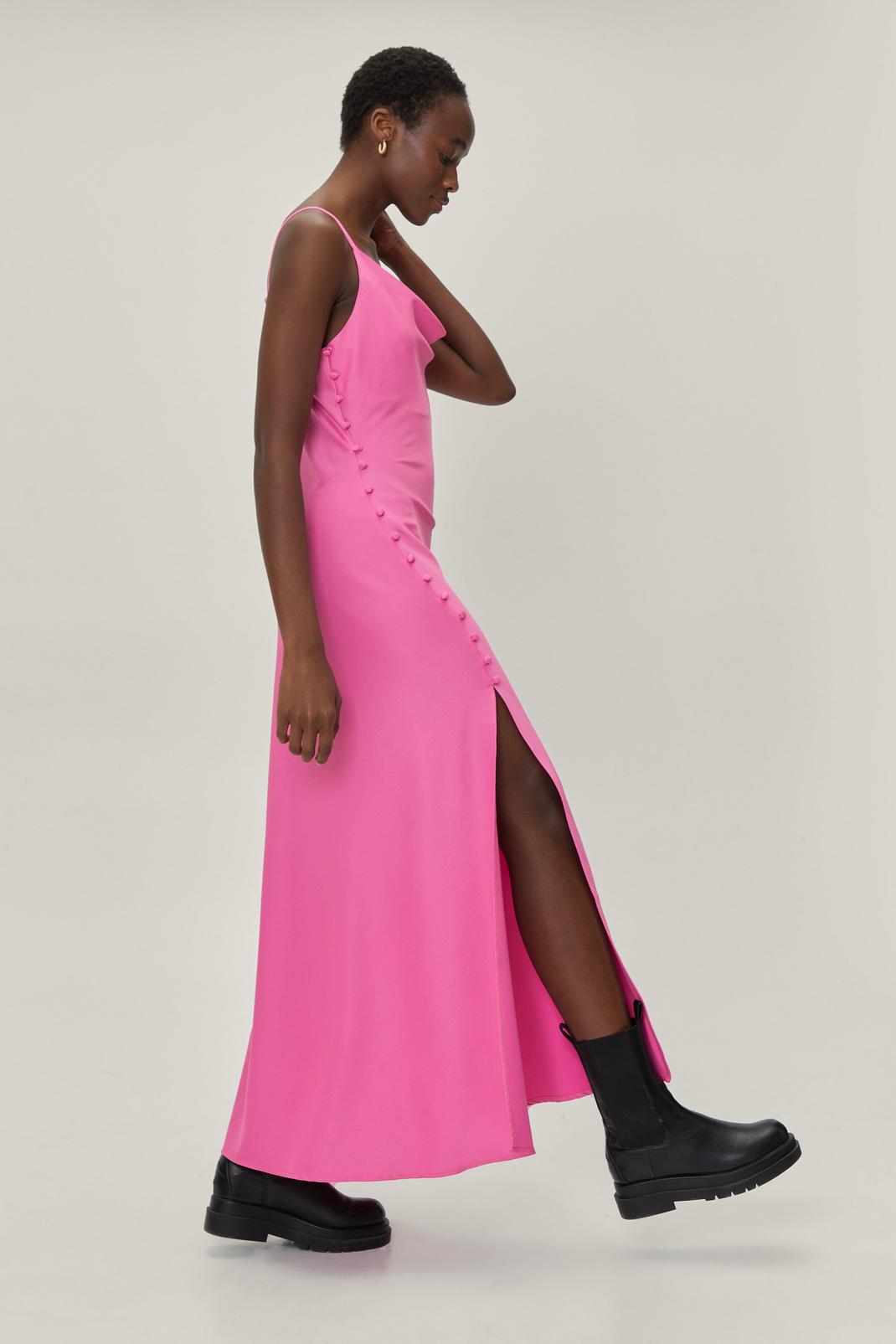 Hot pink Satin Button Split Maxi Dress image number 1