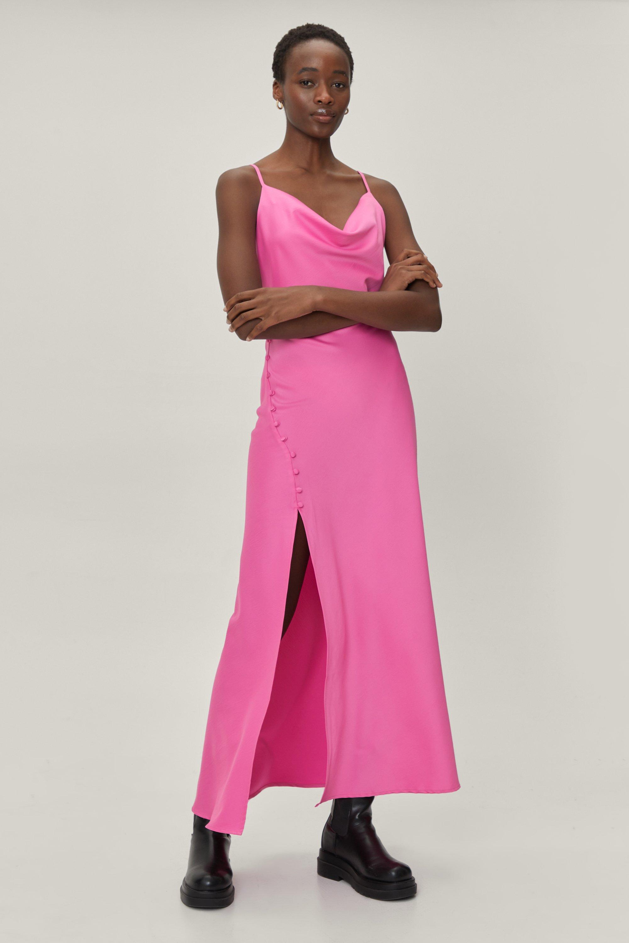 Chanel Pink Satin Spaghetti Strap Side Slit Maxi Dress – Vianney's
