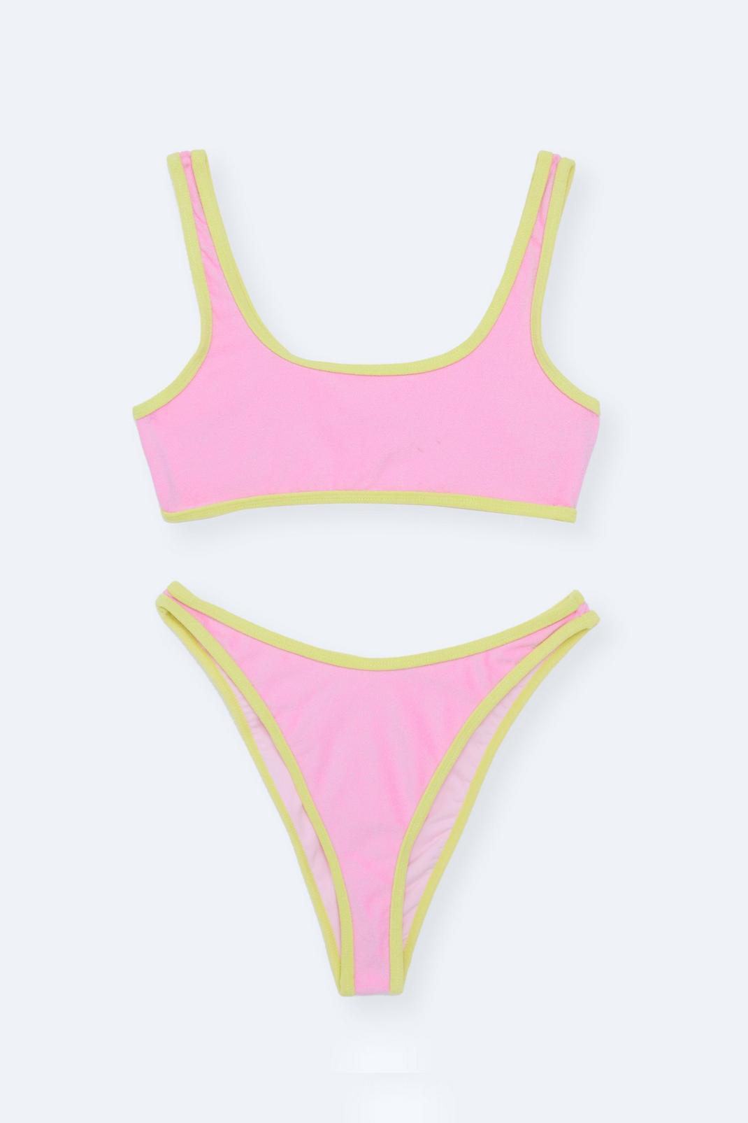 Pink Towelling Contrast Binding Crop Bikini Set image number 1
