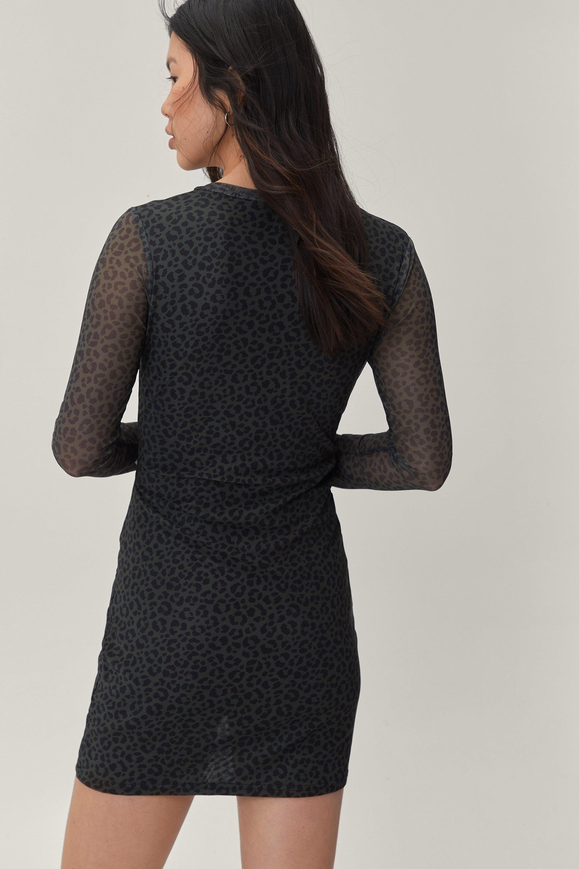 black long sleeve mesh ruched dress