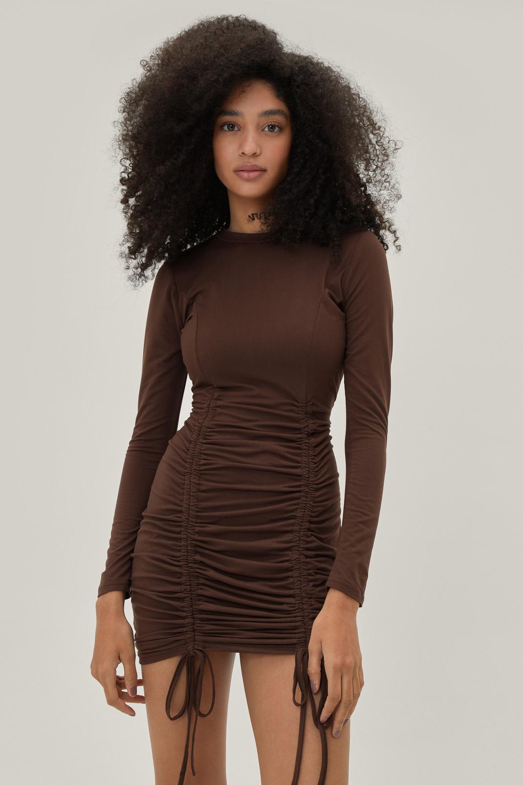 Slinky Long Sleeved Bodycon Mini Dress With Ruched Side Detailing