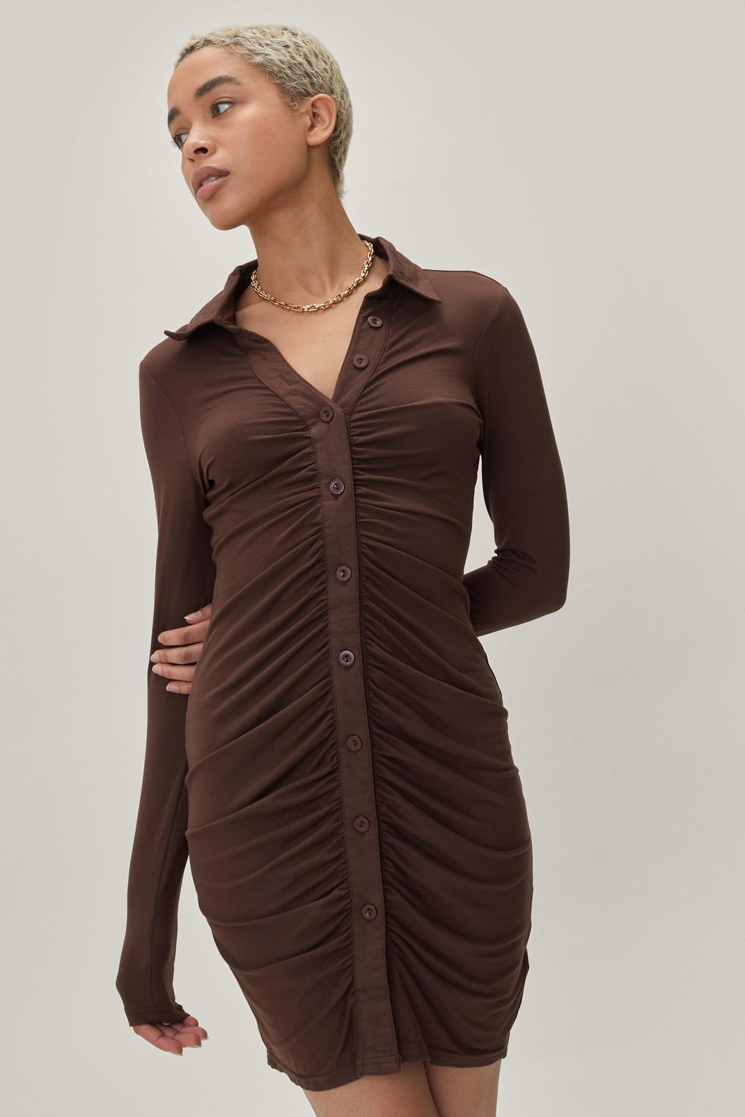 Brown Button Through Long Sleeve Shirt Dress image number 1