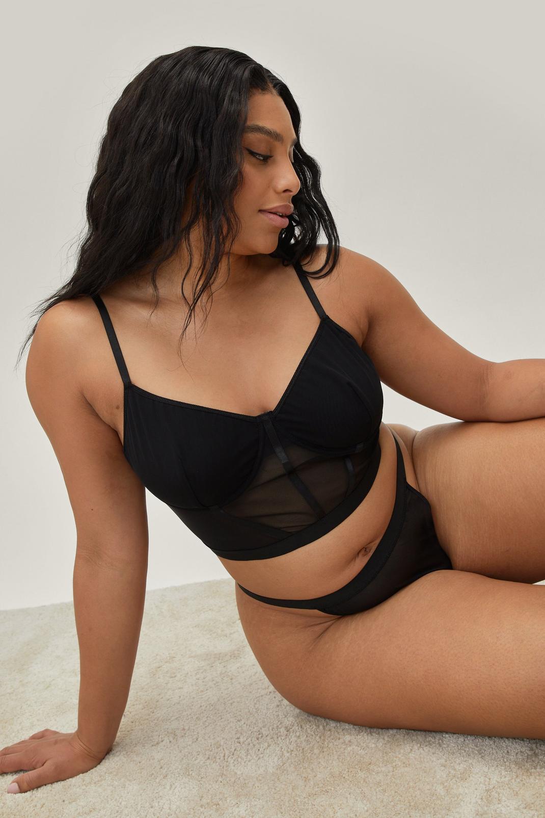 Black Plus Size Underwired Bralette and High Leg Panty Lingerie Set image number 1