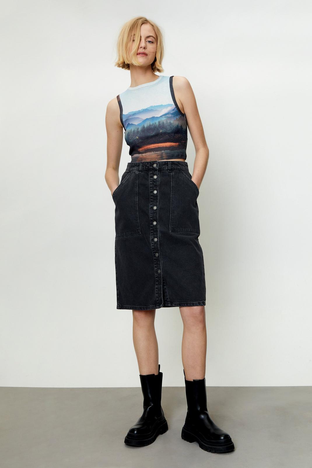 Washed black Button Down Denim Midi Skirt image number 1