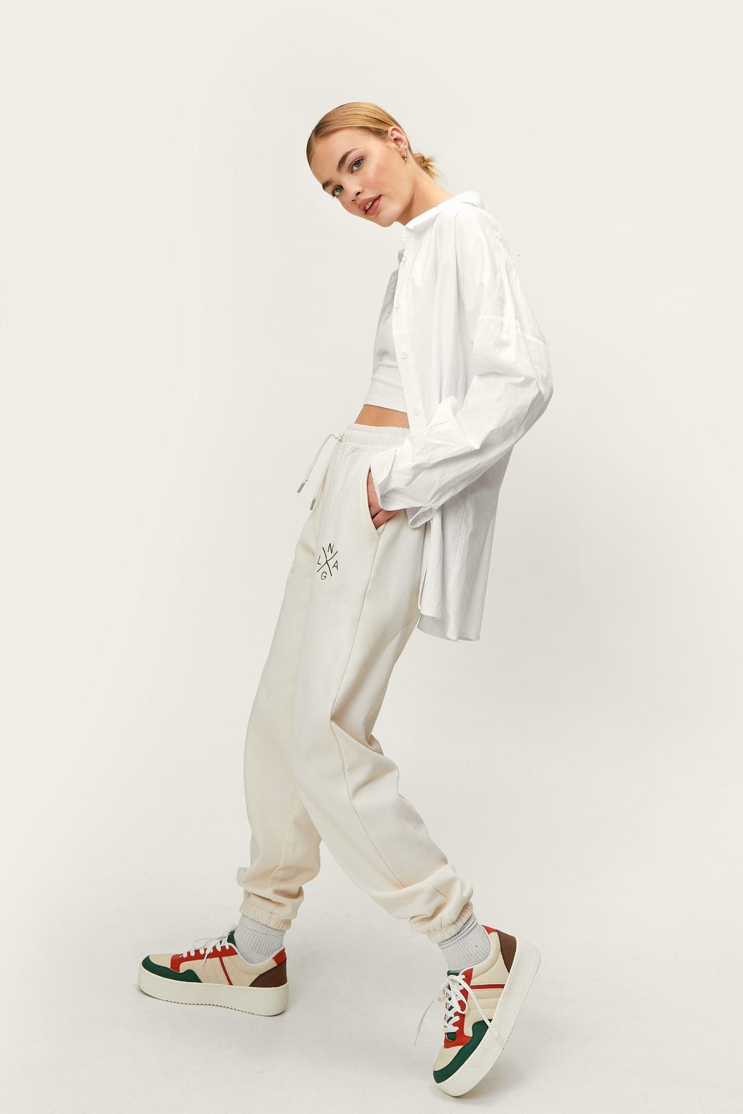 Ecru Slouchy Embroidered Drawstring Waist Sweatpants  image number 1