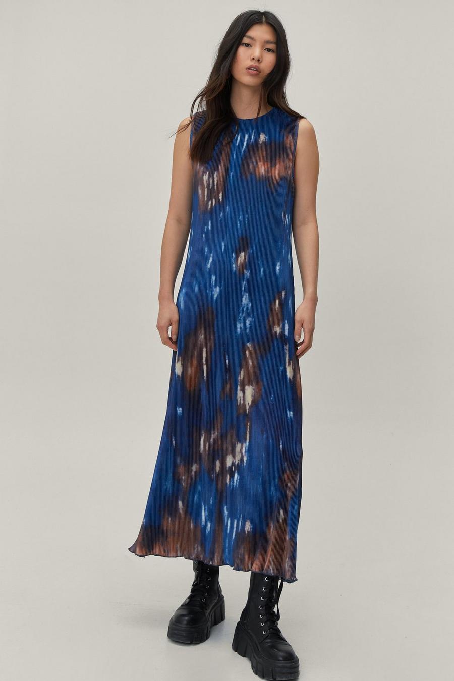 Plisse Blurred Print Sleeveless Midaxi Dress 
