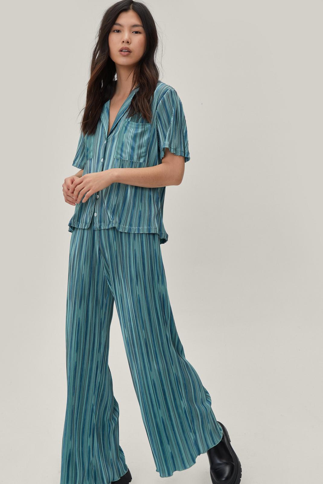 Sage Plisse Striped Wide Leg High Waisted Trousers image number 1
