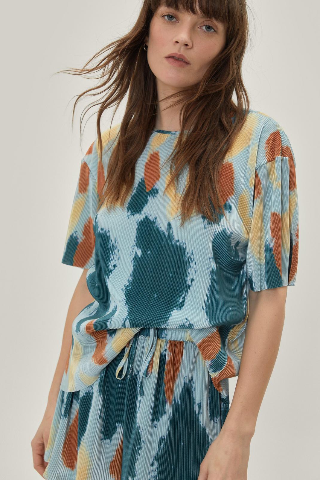 Blue Plisse Abstract Print Oversized Top image number 1