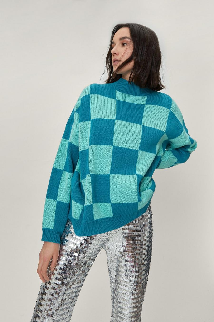 High Neck Slouchy Checkerboard Long Sleeve Jumper