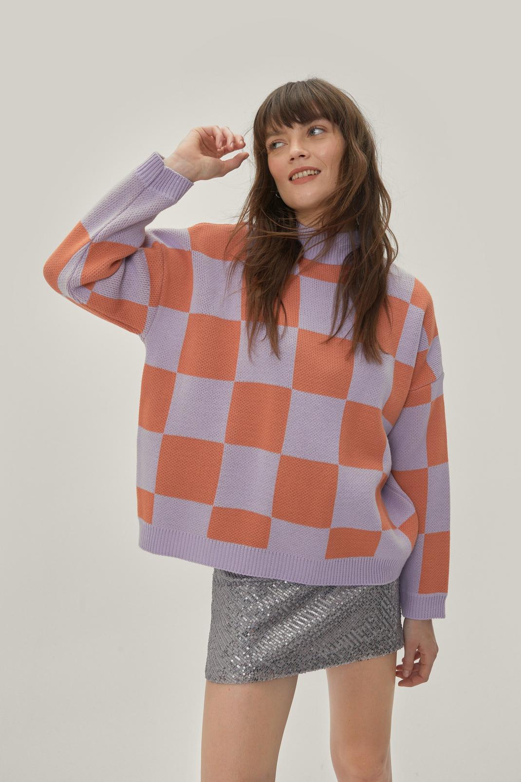 Lilac High Neck Slouchy Checkerboard Long Sleeve Sweater image number 1