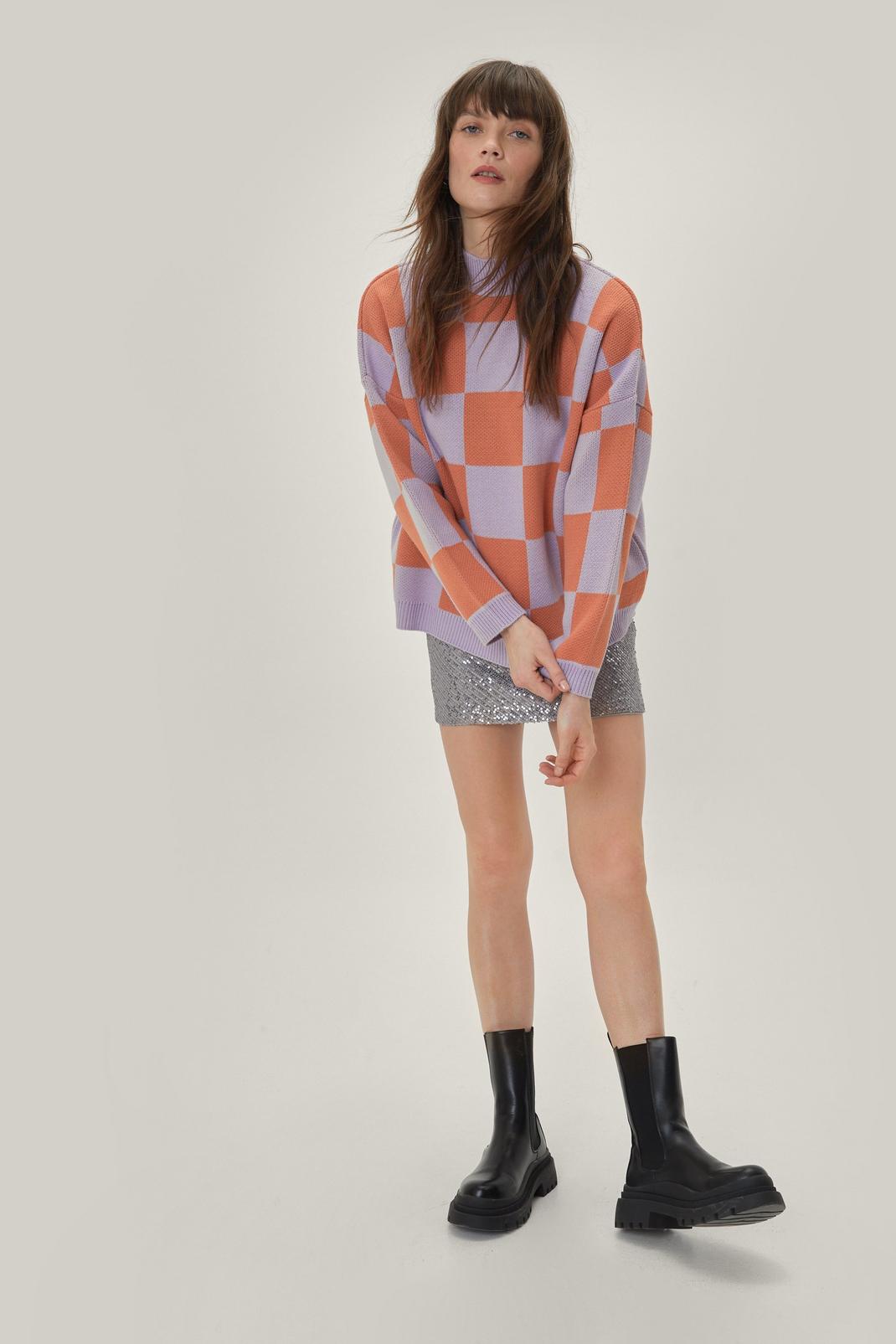 137 High Neck Slouchy Checkerboard Long Sleeve Jumper image number 2