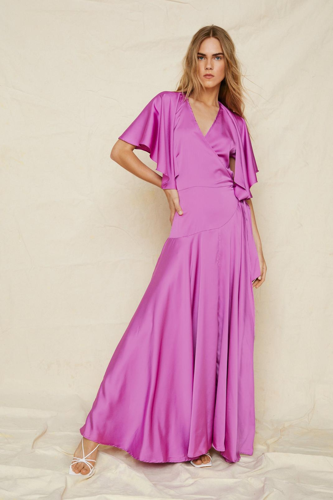 Purple Satin Angel Sleeve Wrap Maxi Dress image number 1
