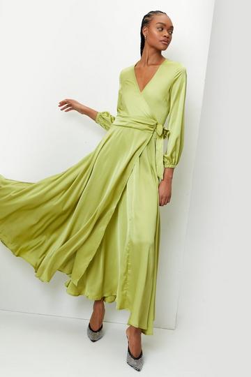 Green Satin Balloon Sleeve Wrap Maxi Dress