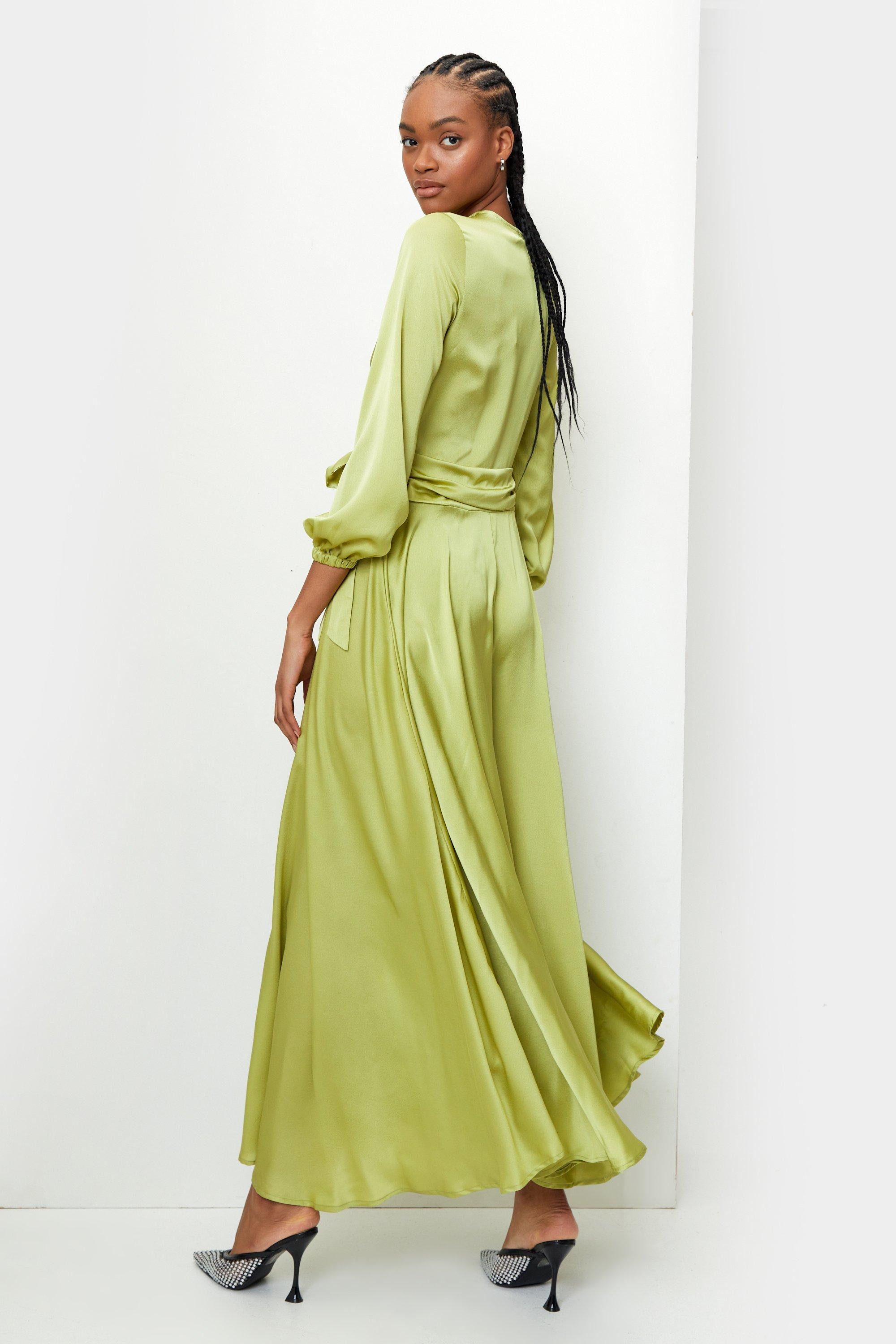 Satin Balloon Sleeve Wrap Maxi Dress