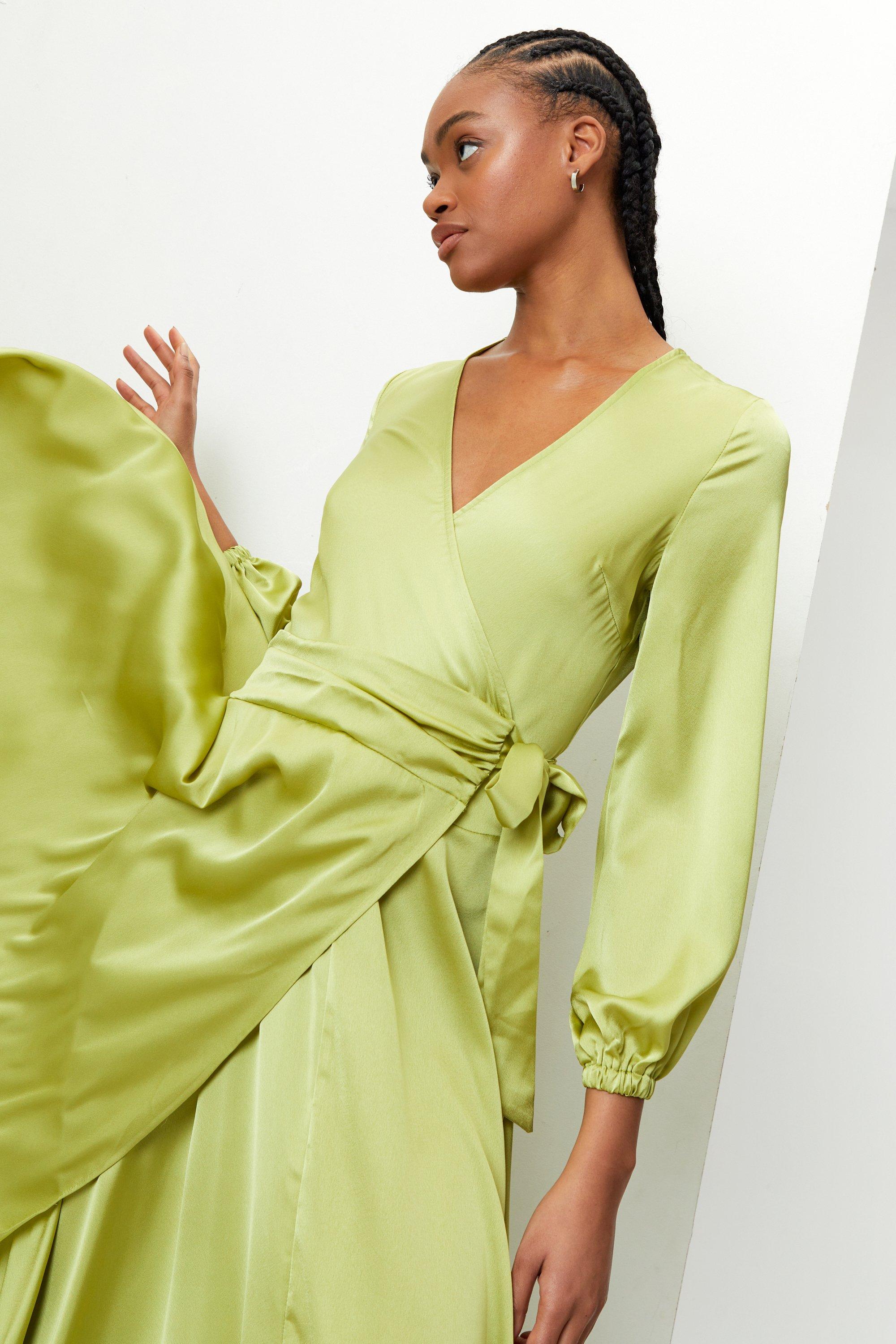 Satin Balloon Sleeve Wrap Maxi Dress